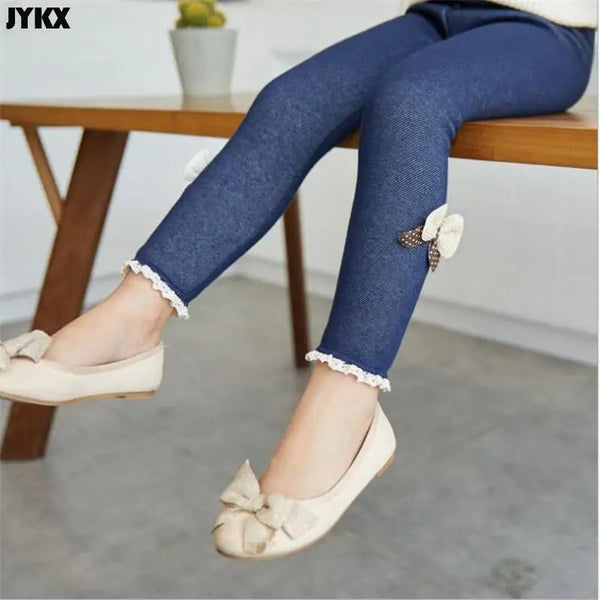 Children's Pants 2021 Spring And Autumn Imitation Jeans Blue Black Plus Velvet Stretch Leggings Bow Girls Pants