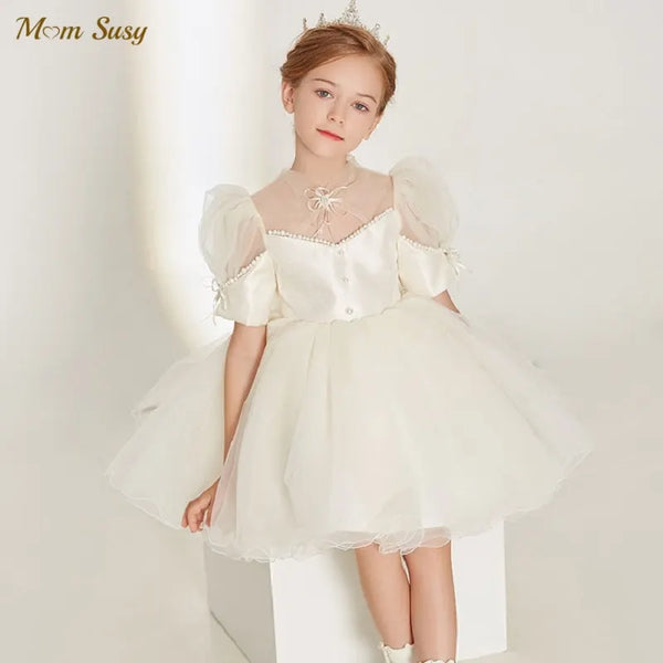 Fashion Baby Girl Princess Tutu Dress Pearl Puff Sleeve Infant Toddler Bow Vintage Vestido Party Pageant Baby Clothes 1-10Y