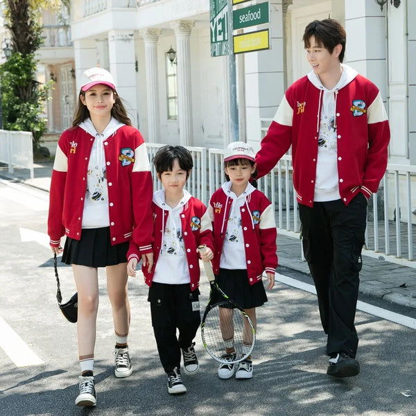 Family Matching Jackets – Cozy velvet baseball-style coats for parents and kids, perfect for autumn and winter!