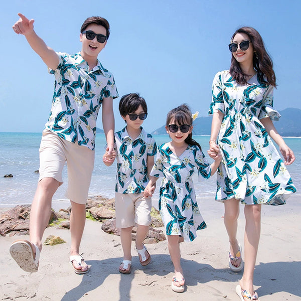 Family Beach Outfits – Floral dresses for mom and daughter, matching shirt and pants for dad and son, perfect for summer!