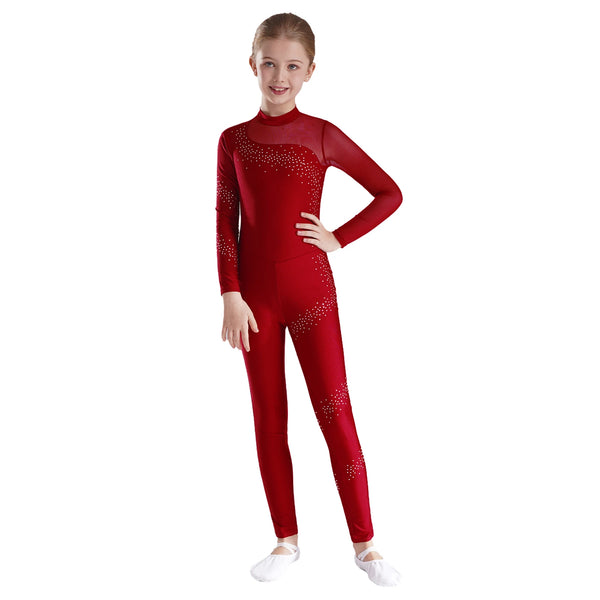 Kids Girls Figure Skating Gymnastics Leotards Dance Wear Teens Rhinestones Sheer Mesh Long Sleeve Gymnastics Jumpsuit Bodysuit